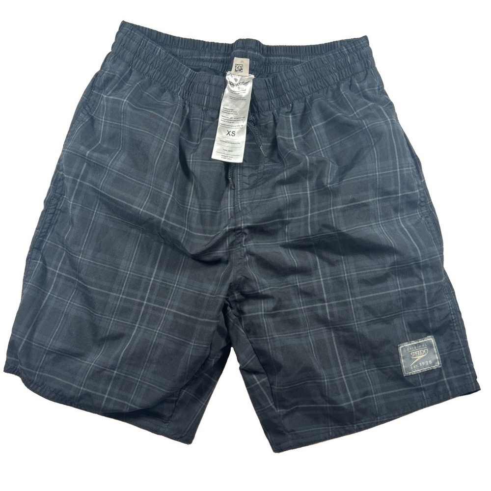 Speedo Swim Trunk Shorts Mens XS Black Geometric Check Surfing Drawstring Waist